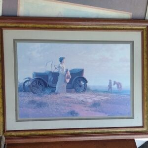 Vintage Car and Lady Framed&Signed Art
